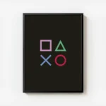 affiche avec des symboles de console de jeu carre rose triangle vert croix bleue avec cadre.webp