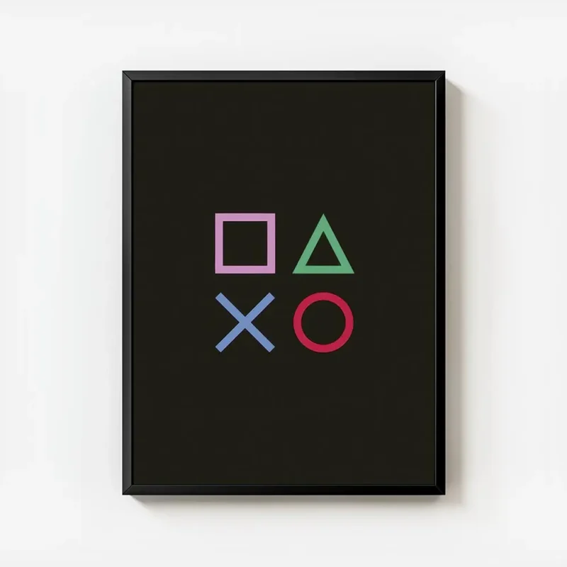 affiche avec des symboles de console de jeu carre rose triangle vert croix bleue avec cadre.webp