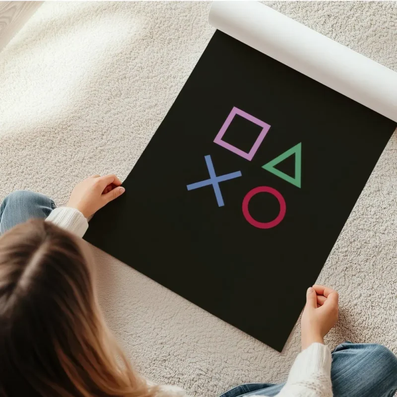 affiche avec des symboles de console de jeu carre rose triangle vert croix bleue en rouleau.webp