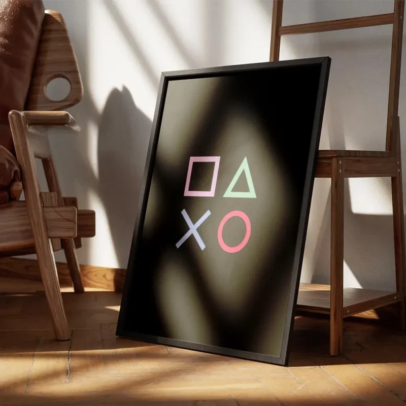 affiche avec des symboles de console de jeu carre rose triangle vert croix bleue encadre.webp
