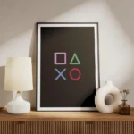 affiche avec des symboles de console de jeu carre rose triangle vert croix bleue meuble.webp