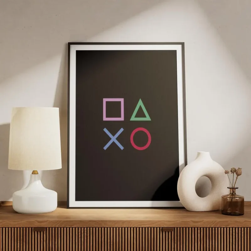 affiche avec des symboles de console de jeu carre rose triangle vert croix bleue meuble.webp