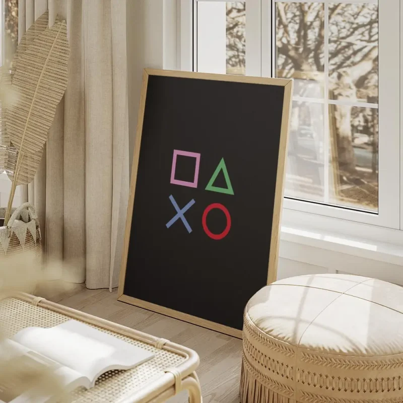 affiche avec des symboles de console de jeu carre rose triangle vert croix bleue salon beige.webp