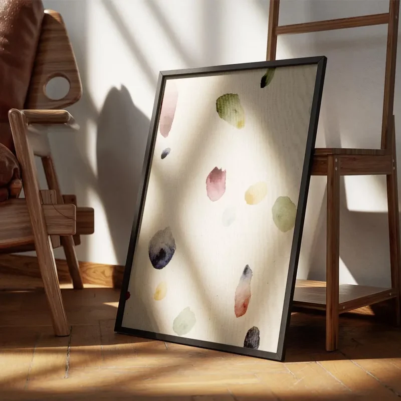 affiche avec des taches de peinture abstraites et organiques aux couleurs variee encadre.webp