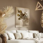affiche avec des tournesols seches aux teintes beige et marron dans un vase blan salon.webp