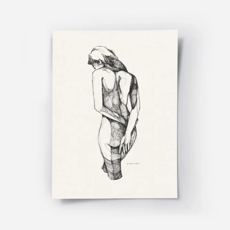 affiche avec dessin femme silhouette nue vue de dos bras derriere le dos style e.webp