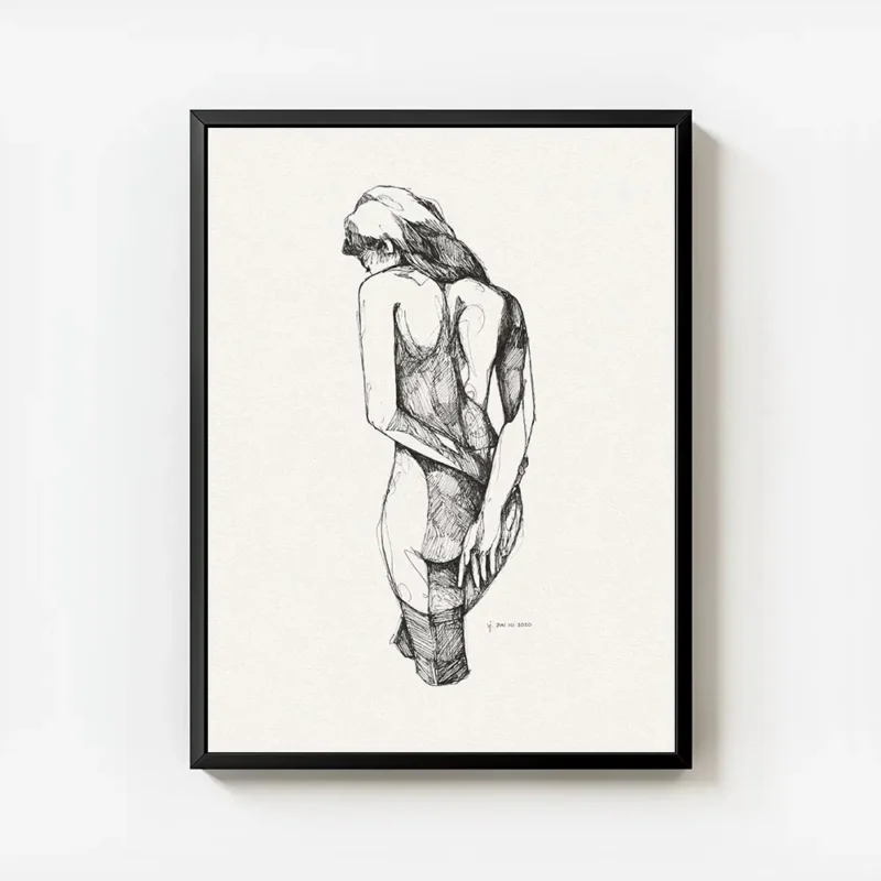 affiche avec dessin femme silhouette nue vue de dos bras derriere le dos style e avec cadre.webp