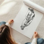 affiche avec dessin femme silhouette nue vue de dos bras derriere le dos style e en rouleau.webp