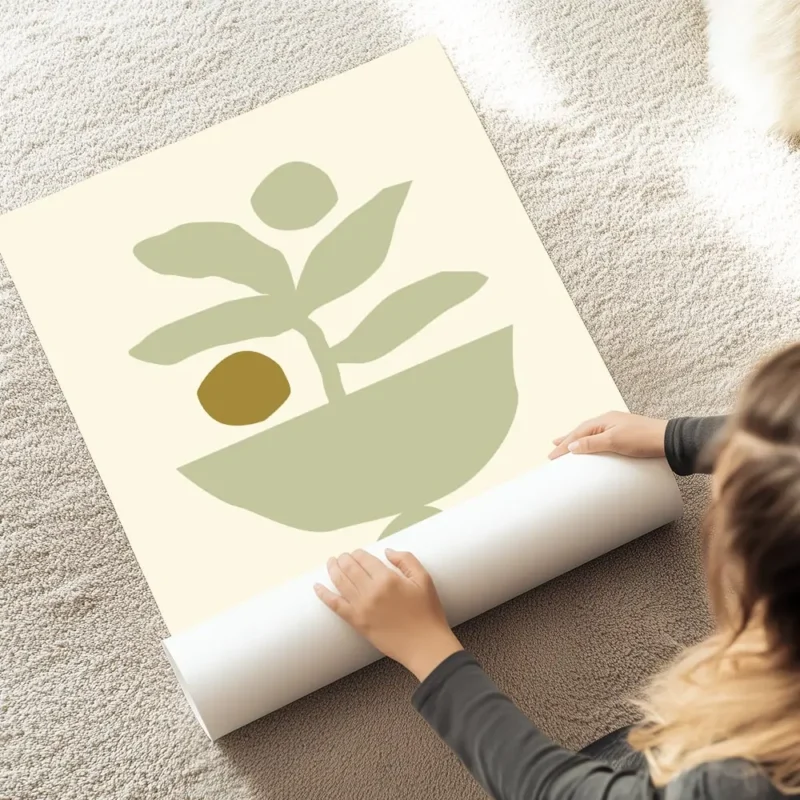 affiche avec dessin minimaliste dune plante verte dans un pot beige sur fond cre au sol.webp