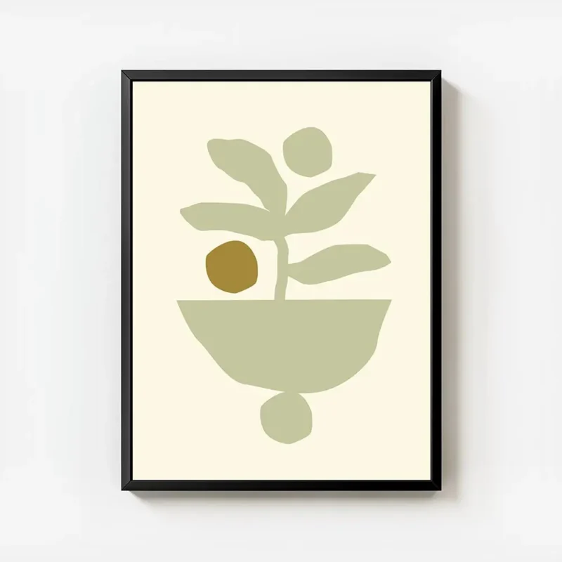affiche avec dessin minimaliste dune plante verte dans un pot beige sur fond cre avec cadre.webp