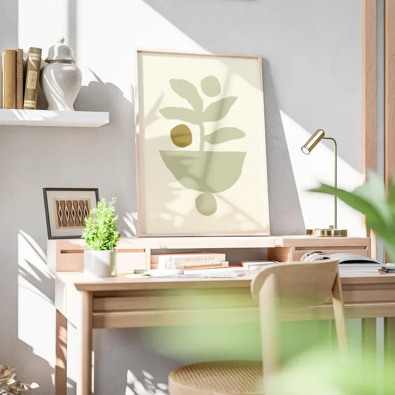 affiche avec dessin minimaliste dune plante verte dans un pot beige sur fond cre bureau.webp