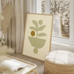 affiche avec dessin minimaliste dune plante verte dans un pot beige sur fond cre salon beige.webp