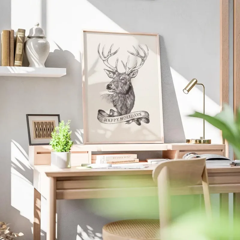 affiche avec dessin renne happy holidays sur ruban illustration detaillee en noi bureau.webp