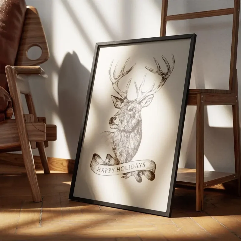 affiche avec dessin renne happy holidays sur ruban illustration detaillee en noi encadre.webp