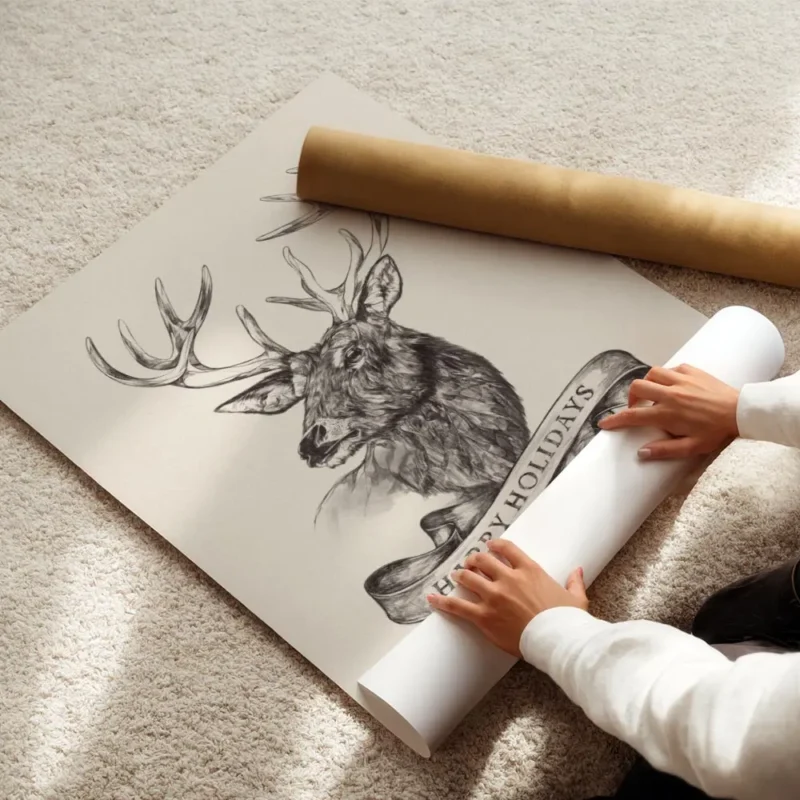 affiche avec dessin renne happy holidays sur ruban illustration detaillee en noi enroule.webp