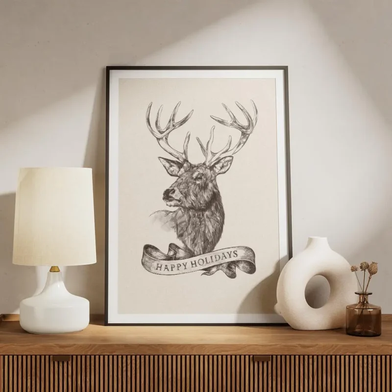 affiche avec dessin renne happy holidays sur ruban illustration detaillee en noi meuble.webp