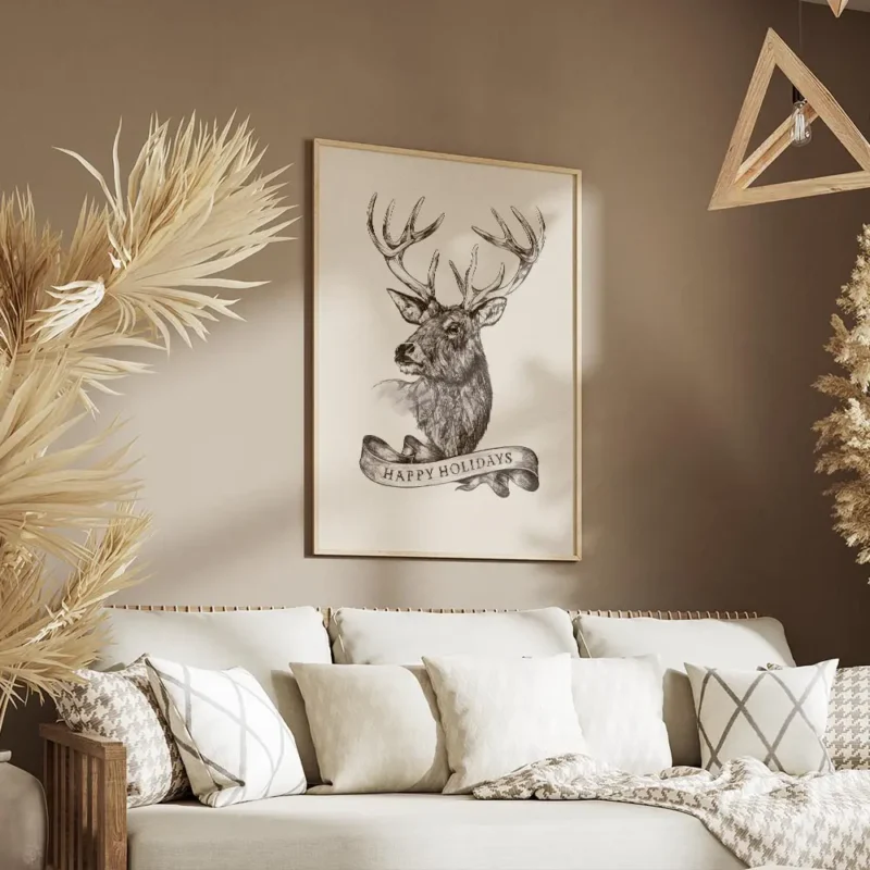 affiche avec dessin renne happy holidays sur ruban illustration detaillee en noi salon.webp