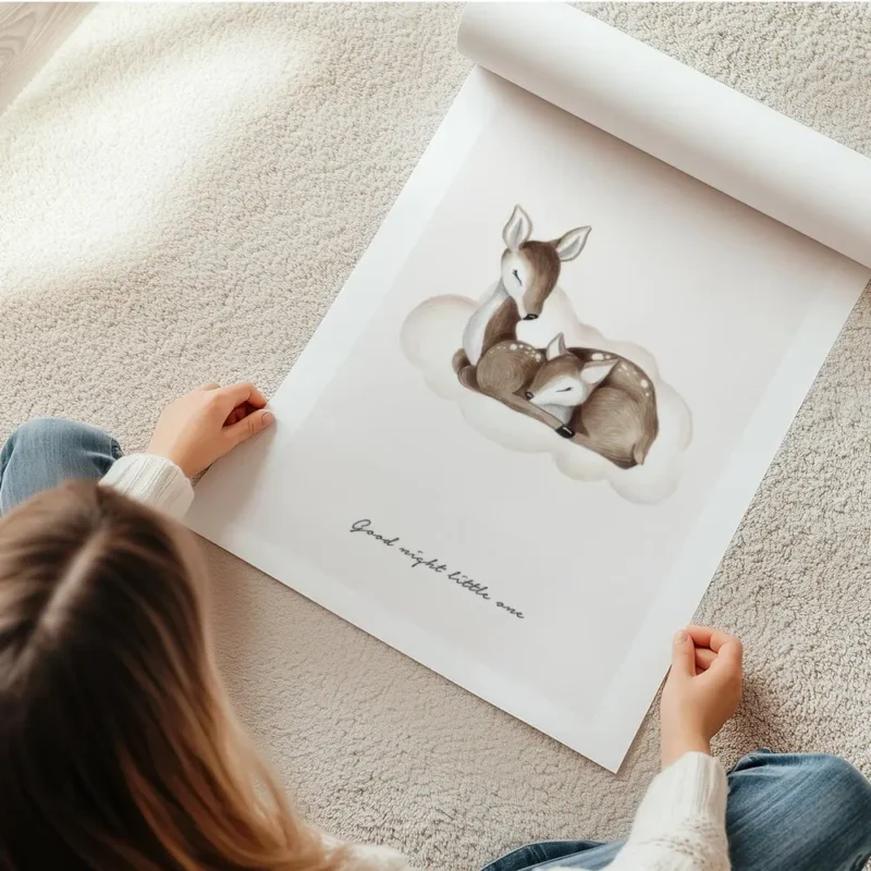 affiche avec deux cerfs endormis sur un nuage illustration animale pour chambre en rouleau.webp