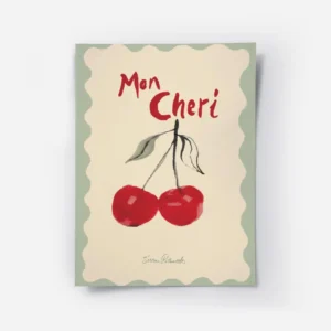 affiche avec deux cerises rouges peintes et le texte mon cheri en rouge sur un f.webp