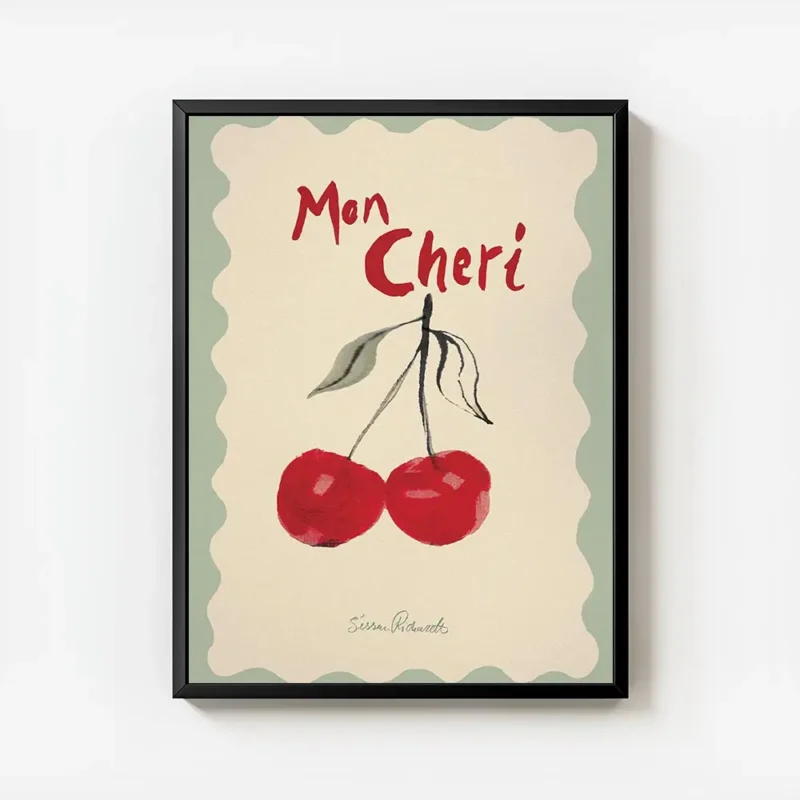 affiche avec deux cerises rouges peintes et le texte mon cheri en rouge sur un f avec cadre.webp