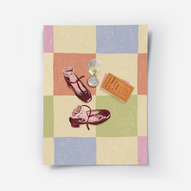 affiche avec deux chaussures bordeaux un verre de vin blanc et un livre sur un f.webp