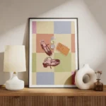 affiche avec deux chaussures bordeaux un verre de vin blanc et un livre sur un f meuble.webp