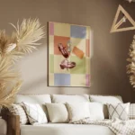 affiche avec deux chaussures bordeaux un verre de vin blanc et un livre sur un f salon.webp