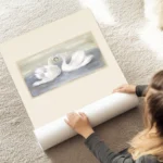 affiche avec deux cygnes blancs aux cous entrelaces formant un c ur sur un lac a au sol.webp