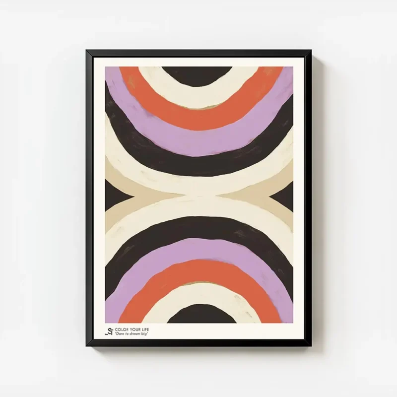 affiche avec deux demi cercles de couleurs beige marron orange violet et noir de avec cadre.webp