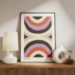 affiche avec deux demi cercles de couleurs beige marron orange violet et noir de meuble.webp