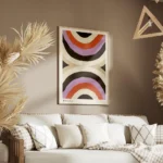 affiche avec deux demi cercles de couleurs beige marron orange violet et noir de salon.webp