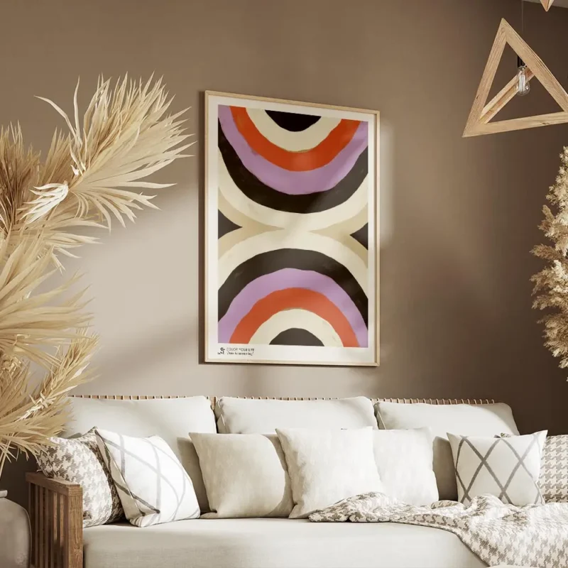 affiche avec deux demi cercles de couleurs beige marron orange violet et noir de salon.webp