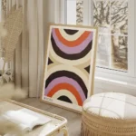 affiche avec deux demi cercles de couleurs beige marron orange violet et noir de salon beige.webp