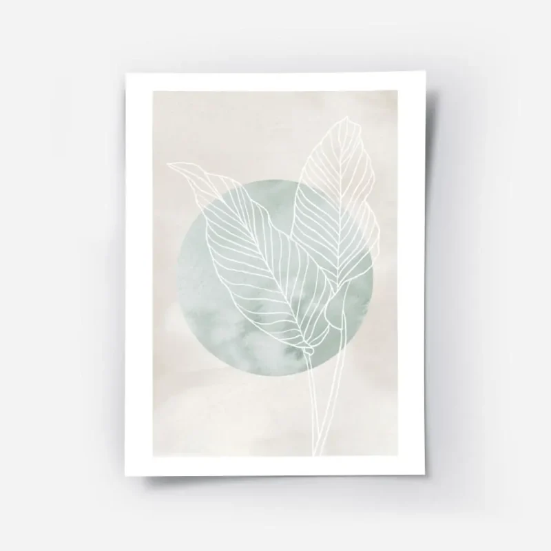affiche avec deux feuilles de calathea en trait blanc sur un cercle vert et un f.webp