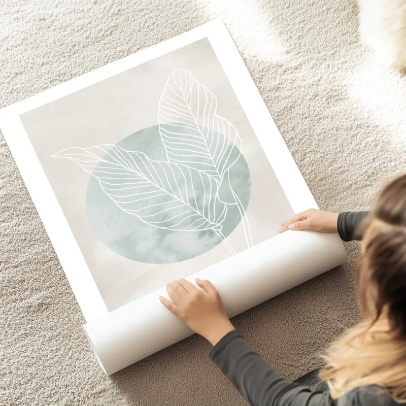 affiche avec deux feuilles de calathea en trait blanc sur un cercle vert et un f au sol.webp