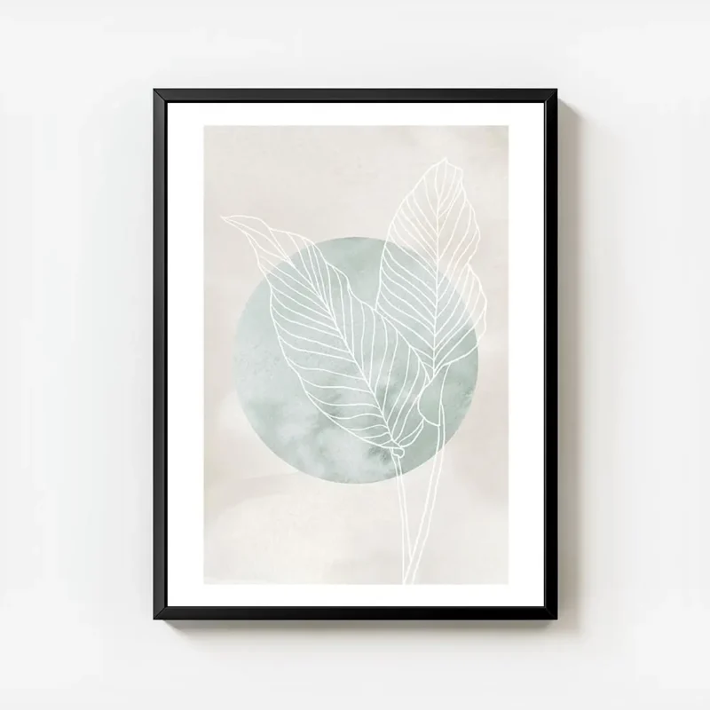 affiche avec deux feuilles de calathea en trait blanc sur un cercle vert et un f avec cadre.webp
