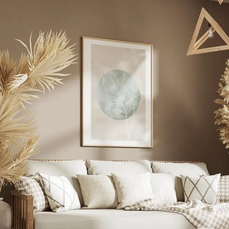 affiche avec deux feuilles de calathea en trait blanc sur un cercle vert et un f salon.webp