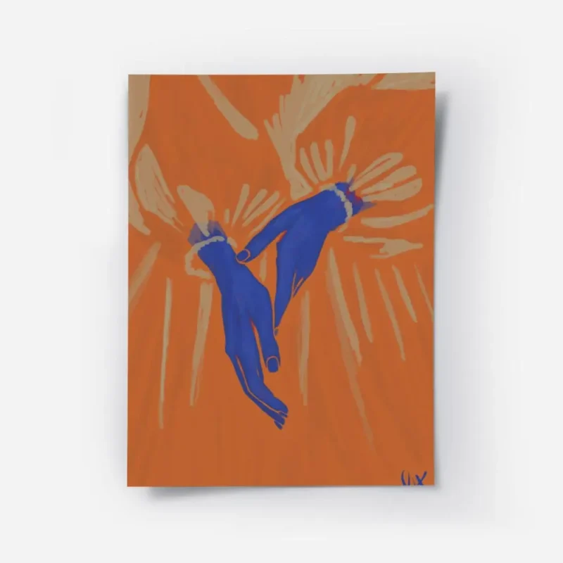 affiche avec deux mains bleues aux poignets perles sur un fond orange vif entour.webp