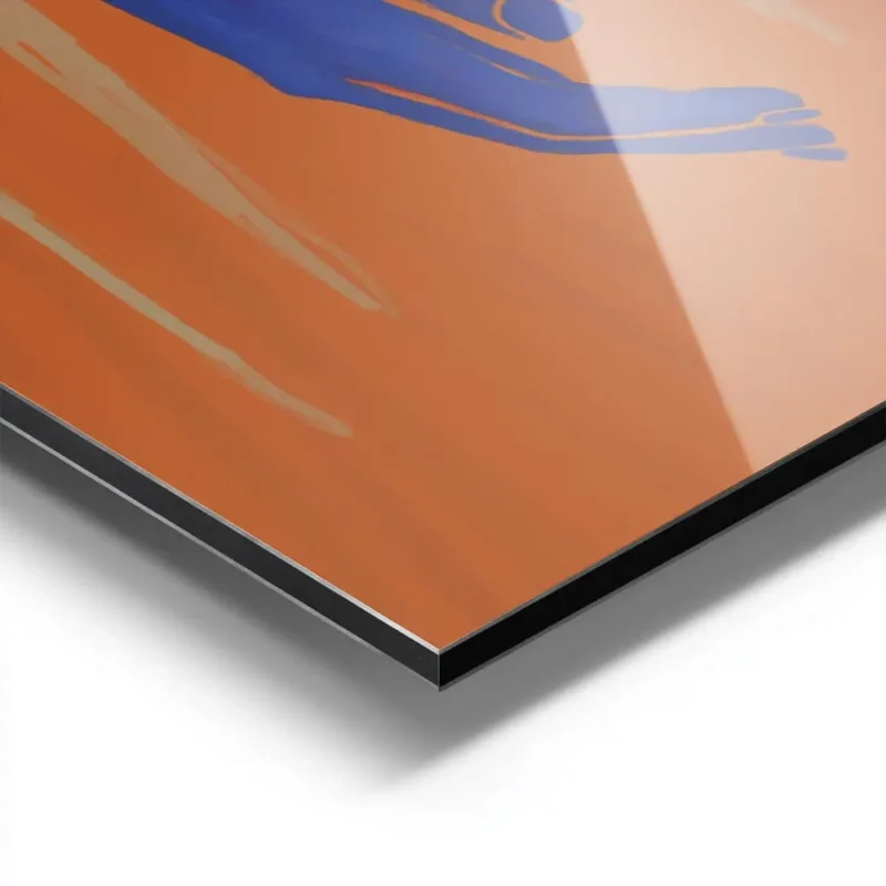 affiche avec deux mains bleues aux poignets perles sur un fond orange vif entour aluminium.webp