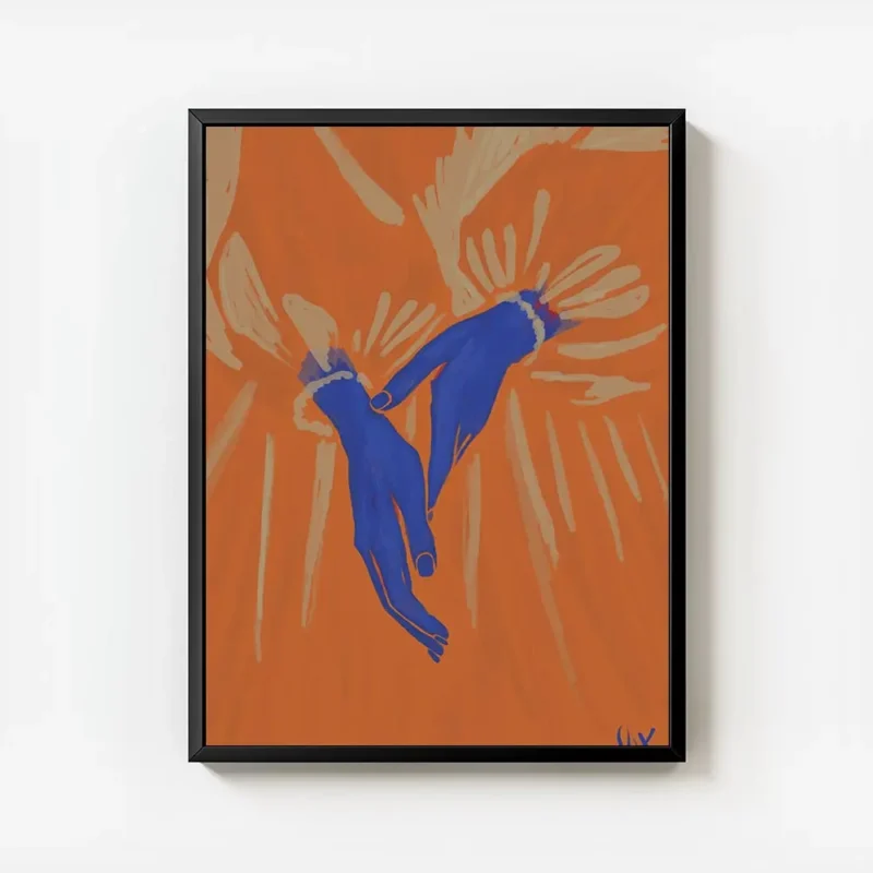affiche avec deux mains bleues aux poignets perles sur un fond orange vif entour avec cadre.webp