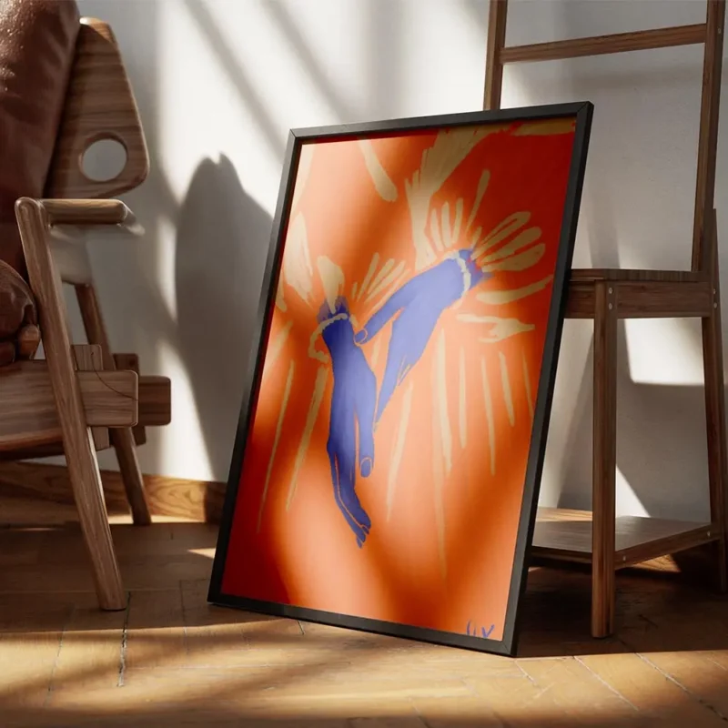 affiche avec deux mains bleues aux poignets perles sur un fond orange vif entour encadre.webp