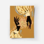 affiche avec deux mains noires tenant une fleur abstraite rose et jaune sur fond.webp