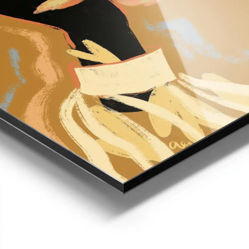 affiche avec deux mains noires tenant une fleur abstraite rose et jaune sur fond aluminium.webp