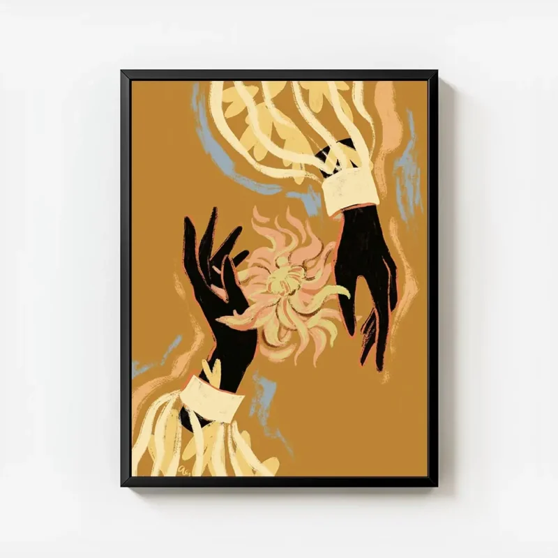 affiche avec deux mains noires tenant une fleur abstraite rose et jaune sur fond avec cadre.webp