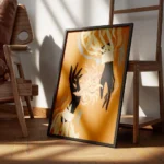affiche avec deux mains noires tenant une fleur abstraite rose et jaune sur fond encadre.webp
