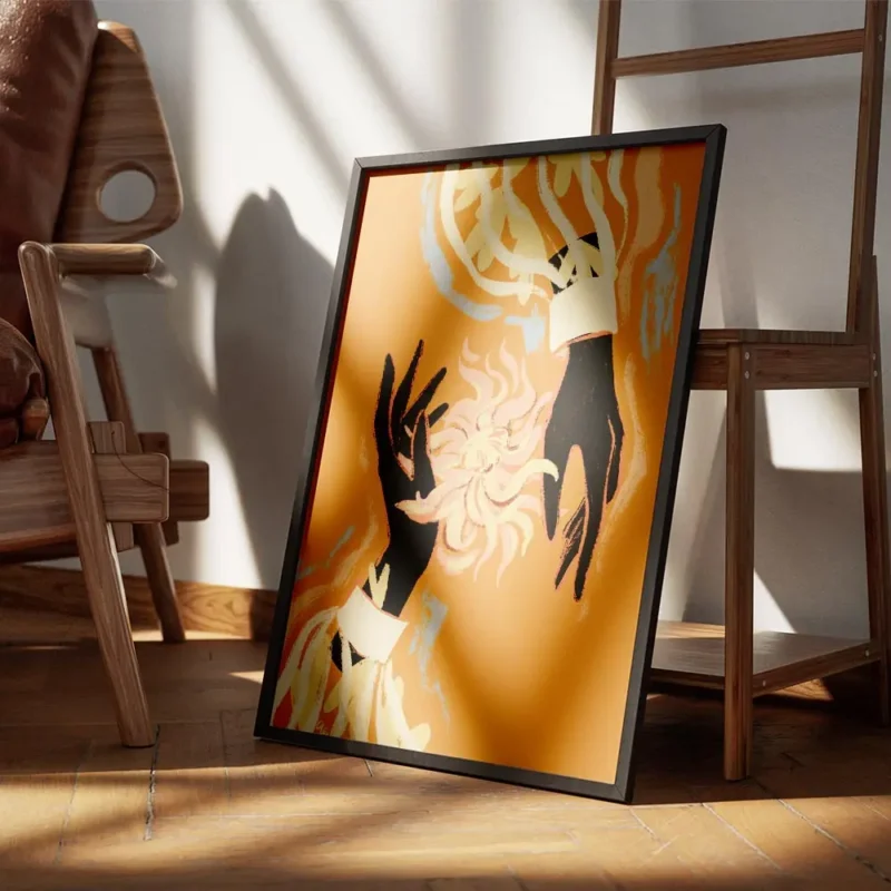affiche avec deux mains noires tenant une fleur abstraite rose et jaune sur fond encadre.webp