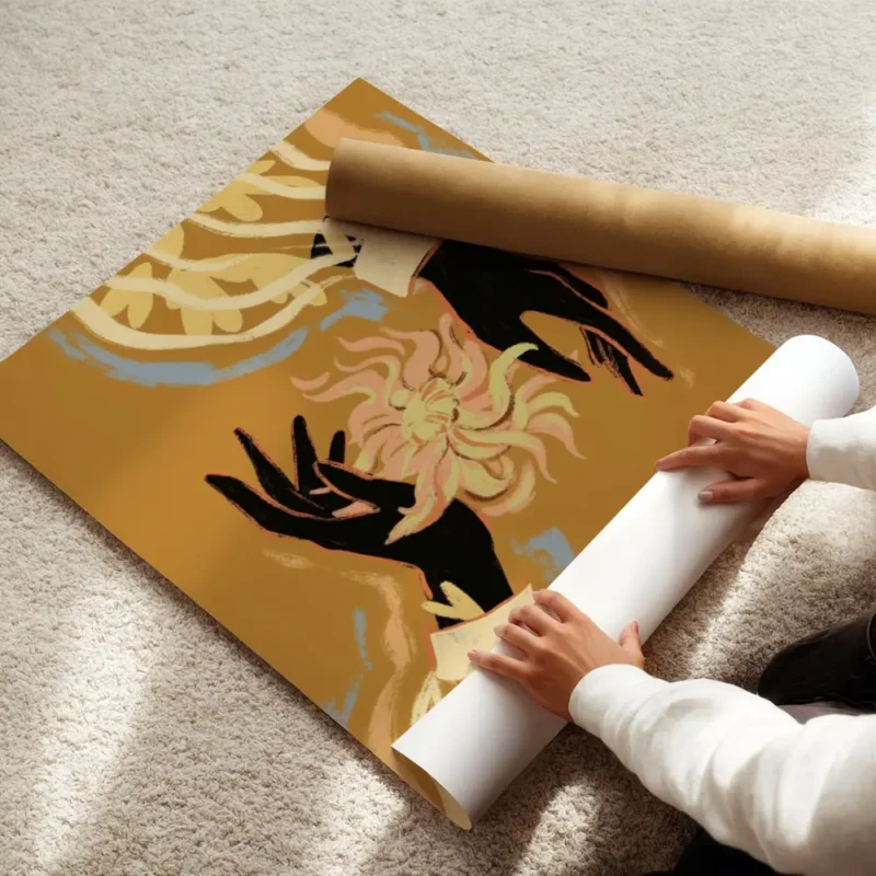 affiche avec deux mains noires tenant une fleur abstraite rose et jaune sur fond enroule.webp