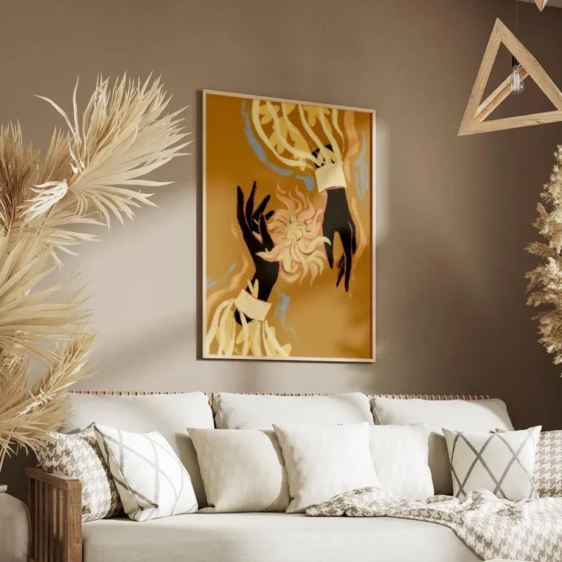 affiche avec deux mains noires tenant une fleur abstraite rose et jaune sur fond salon.webp