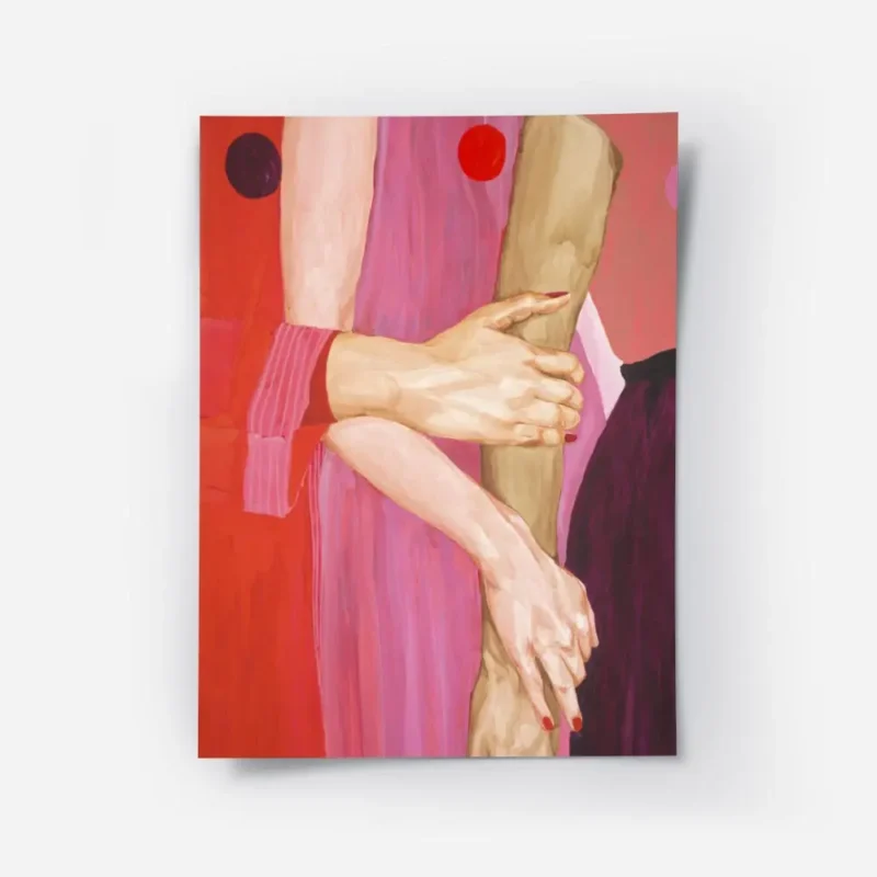 affiche avec deux mains qui se tiennent aux couleurs vives de rose rouge et viol.webp