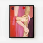 affiche avec deux mains qui se tiennent aux couleurs vives de rose rouge et viol avec cadre.webp